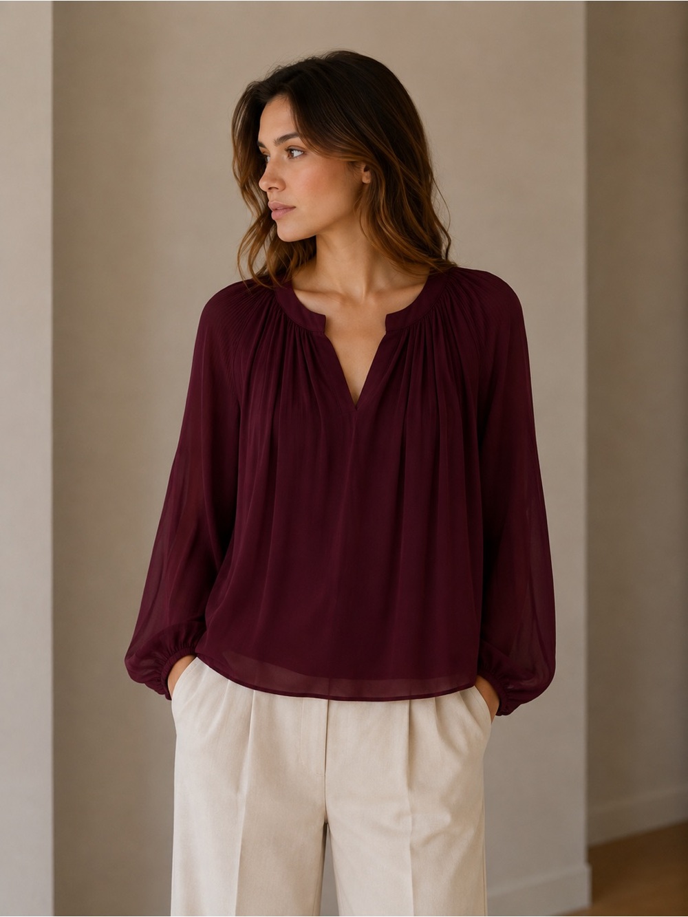 TTahari Long-Sleeve Burgundy Chiffon Split-Neck Tunic Blouse - Size 3X